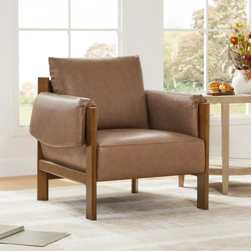 Carol Mid Century Modern Upholstered Accent Arm Chair with Wood Legs