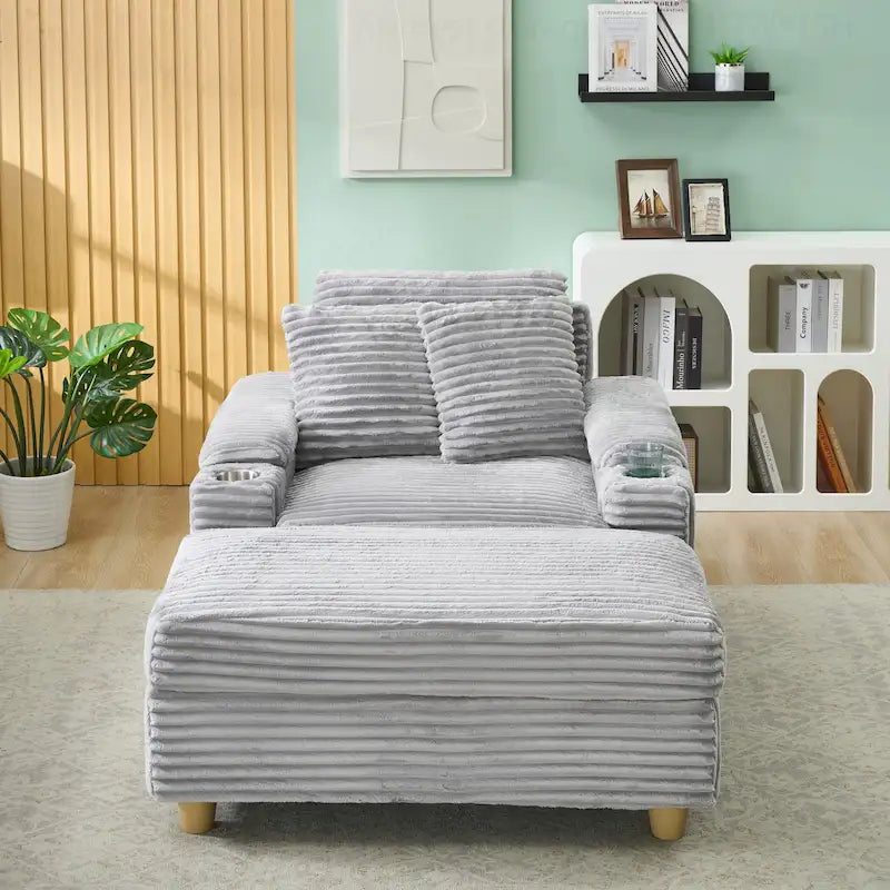 Poltrona singola con braccioli portaoggetti e pouf, 145 cm