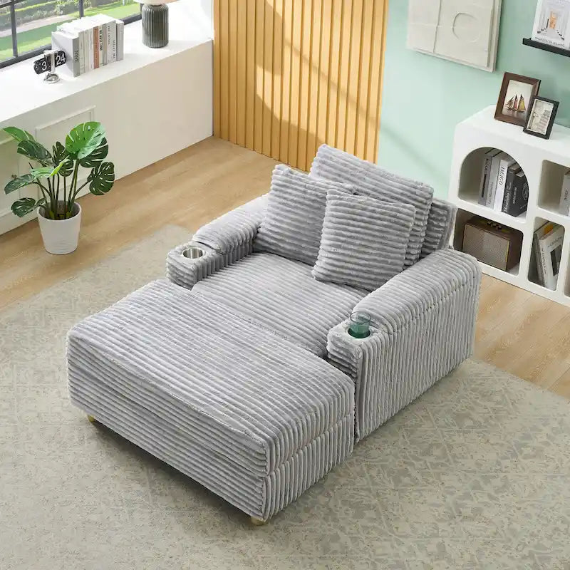 Poltrona singola con braccioli portaoggetti e pouf, 145 cm