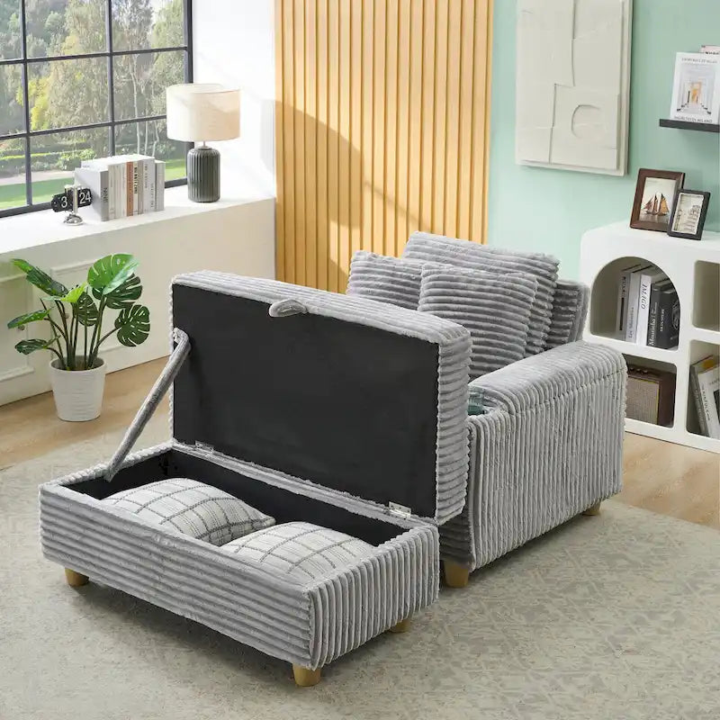 Poltrona singola con braccioli portaoggetti e pouf, 145 cm