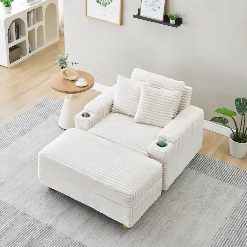Poltrona singola con braccioli portaoggetti e pouf, 145 cm