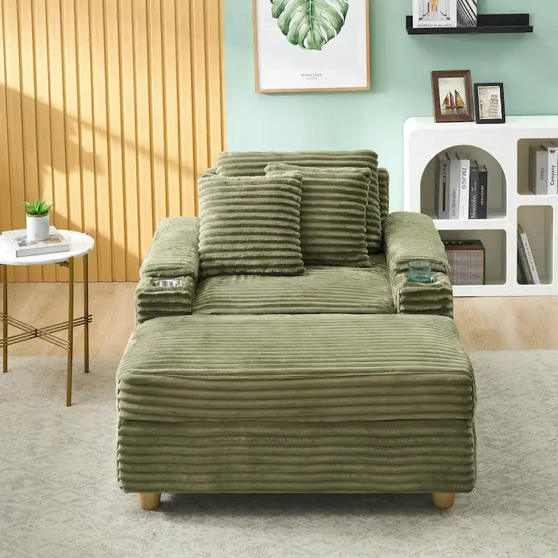 Poltrona singola con braccioli portaoggetti e pouf, 145 cm