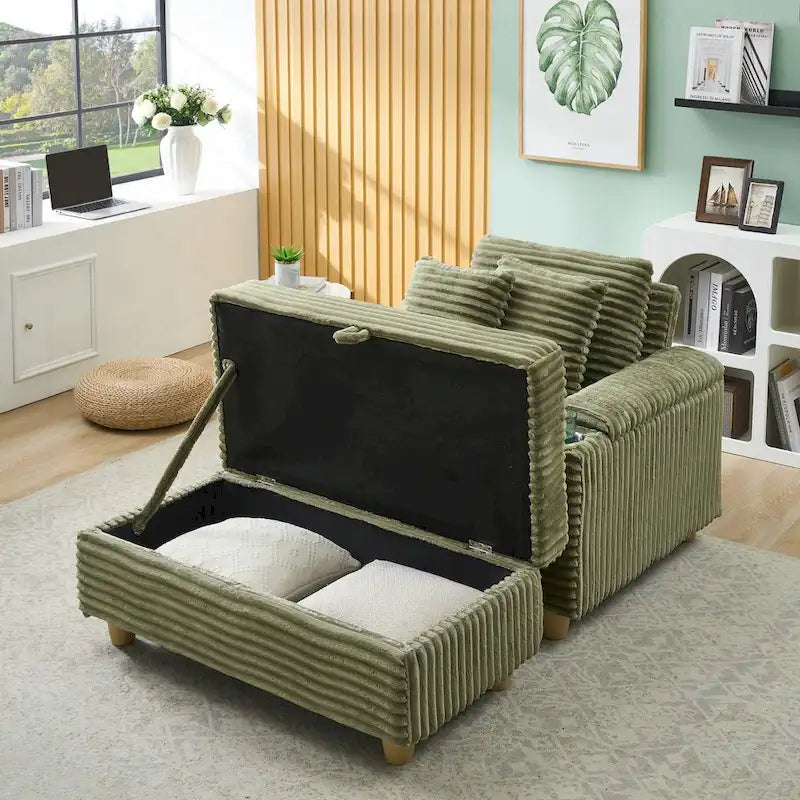 Poltrona singola con braccioli portaoggetti e pouf, 145 cm