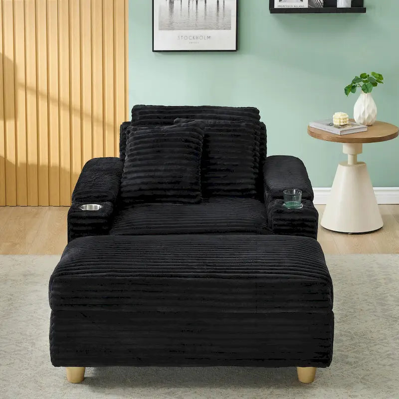 Poltrona singola con braccioli portaoggetti e pouf, 145 cm