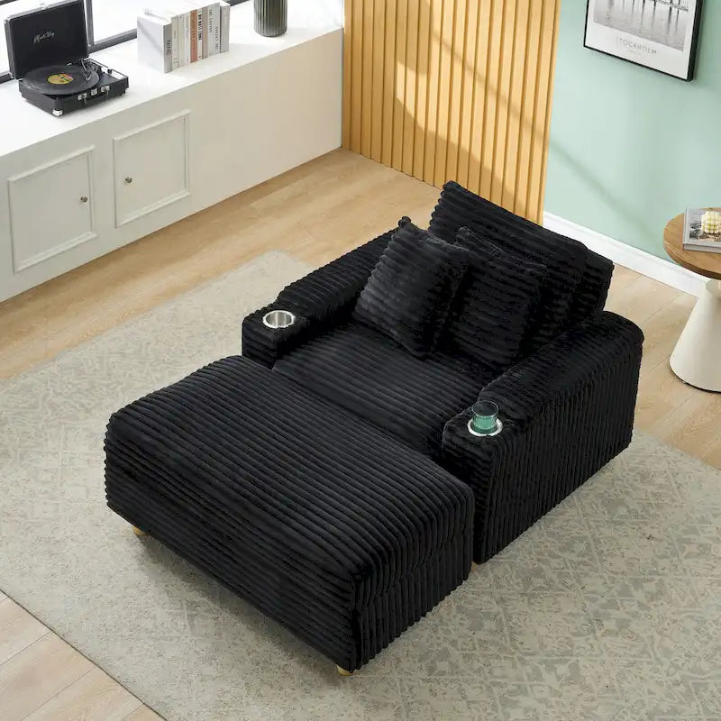 Poltrona singola con braccioli portaoggetti e pouf, 145 cm