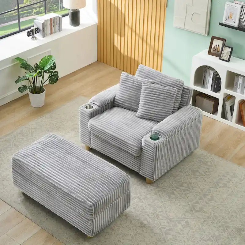 Poltrona singola con braccioli portaoggetti e pouf, 145 cm