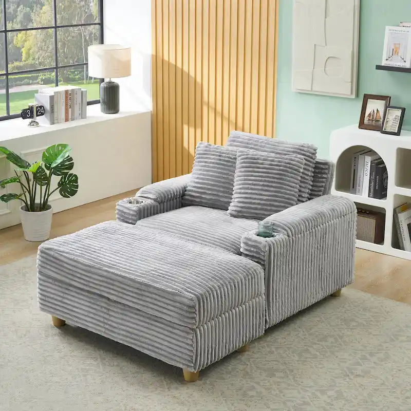 Poltrona singola con braccioli portaoggetti e pouf, 145 cm