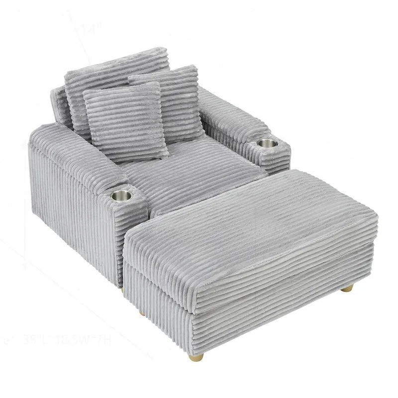 Poltrona singola con braccioli portaoggetti e pouf, 145 cm