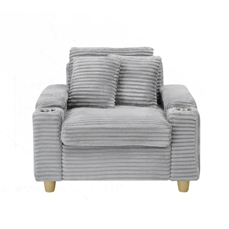 Poltrona singola con braccioli portaoggetti e pouf, 145 cm