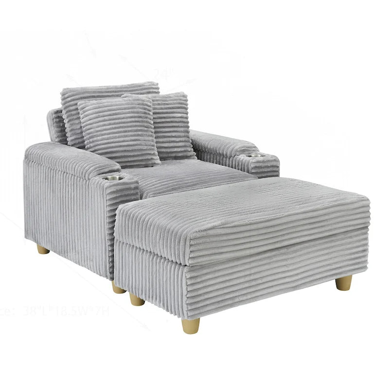 Poltrona singola con braccioli portaoggetti e pouf, 145 cm