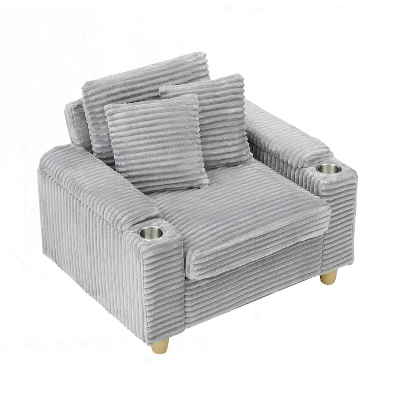 Poltrona singola con braccioli portaoggetti e pouf, 145 cm