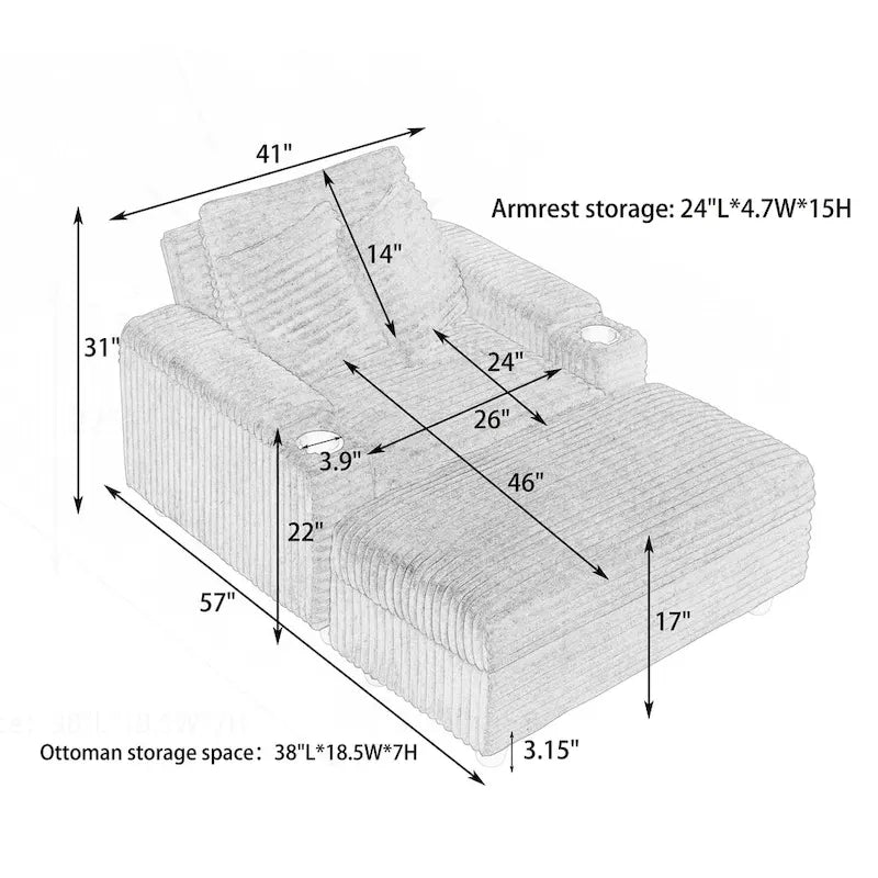 Poltrona singola con braccioli portaoggetti e pouf, 145 cm