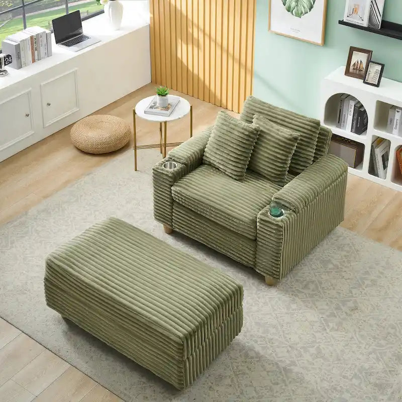 Poltrona singola con braccioli portaoggetti e pouf, 145 cm
