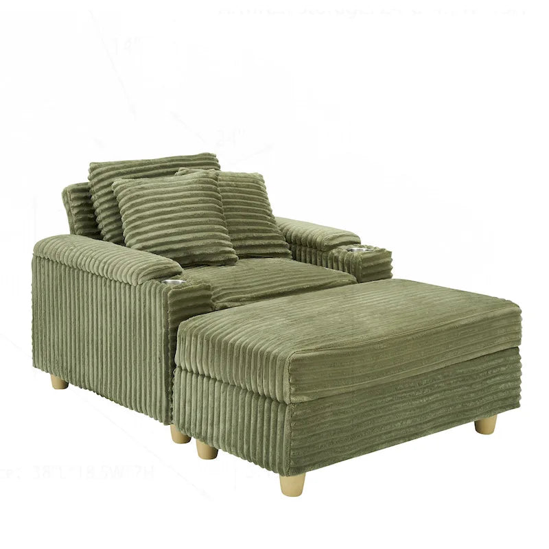 Poltrona singola con braccioli portaoggetti e pouf, 145 cm