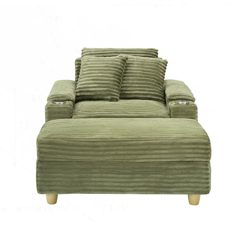 Poltrona singola con braccioli portaoggetti e pouf, 145 cm