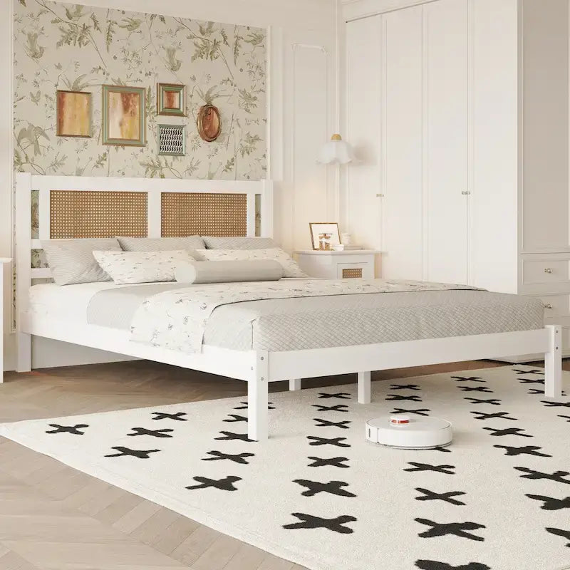 Struttura letto a piattaforma con testiera in rattan e supporto a doghe in legno