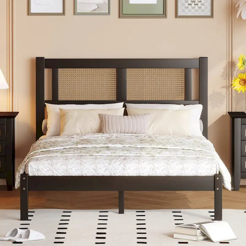 Struttura letto a piattaforma con testiera in rattan e supporto a doghe in legno