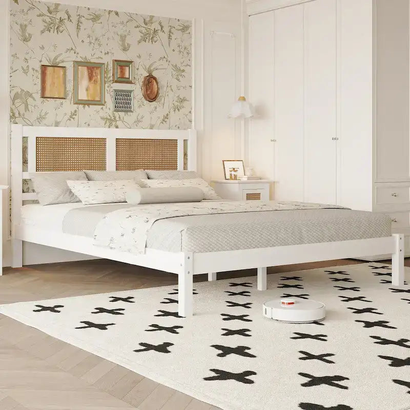 Struttura letto a piattaforma con testiera in rattan e supporto a doghe in legno