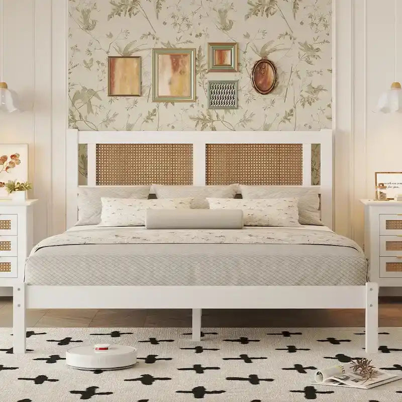 Struttura letto a piattaforma con testiera in rattan e supporto a doghe in legno