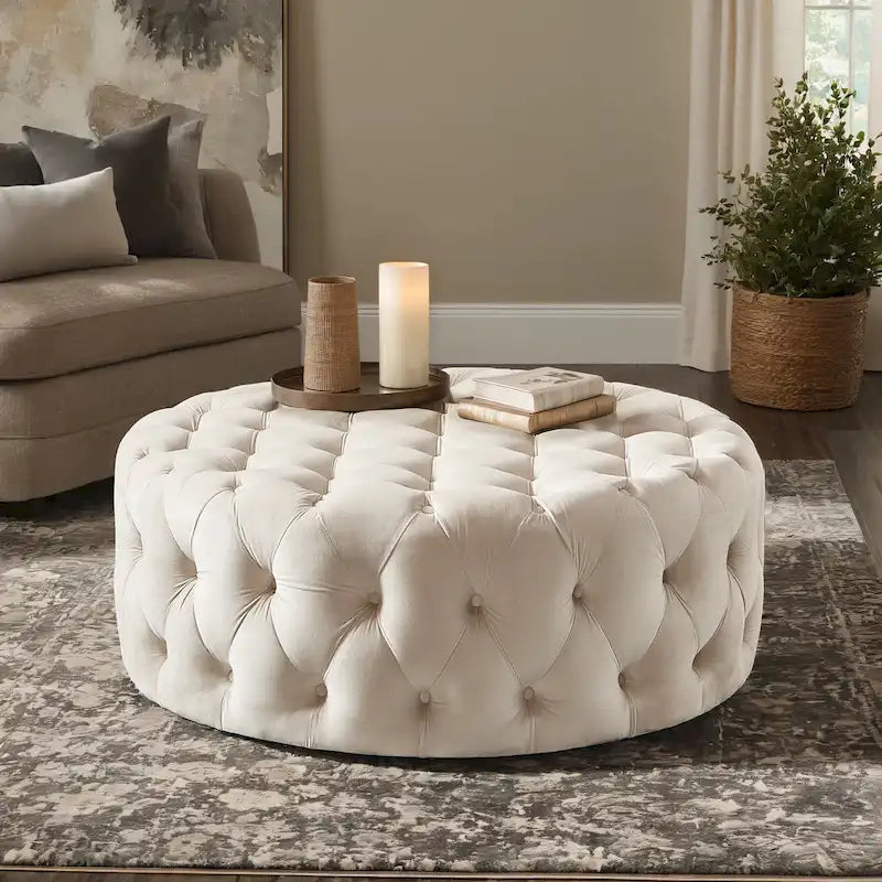 Pouf rotondo trapuntato con rotelle