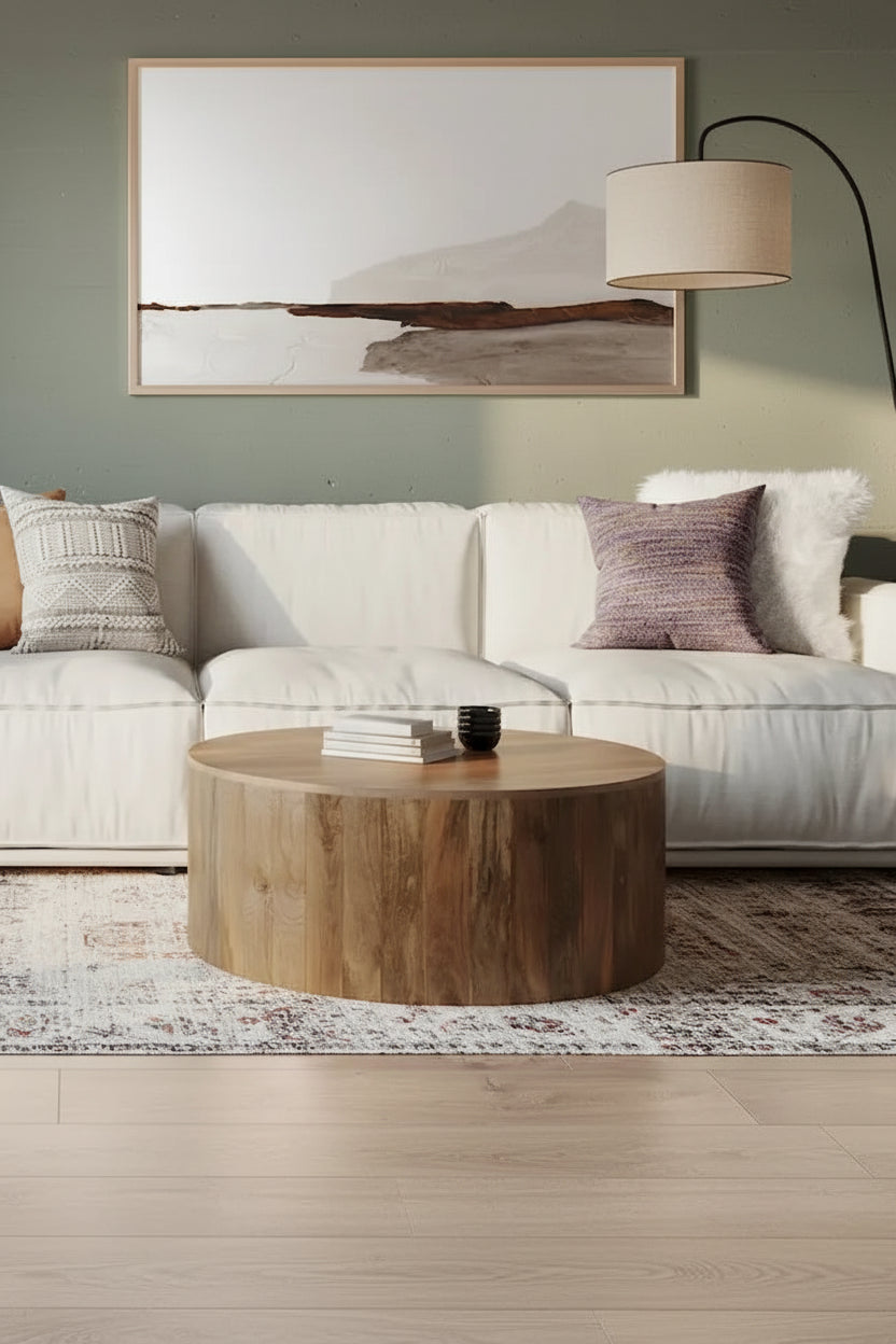 WYNDENHALL Hillmount SOLID MANGO WOOD 36 inch Wide Round Contemporary Drum Coffee Table & Fully Assembled - 36d x 36 w x 14h