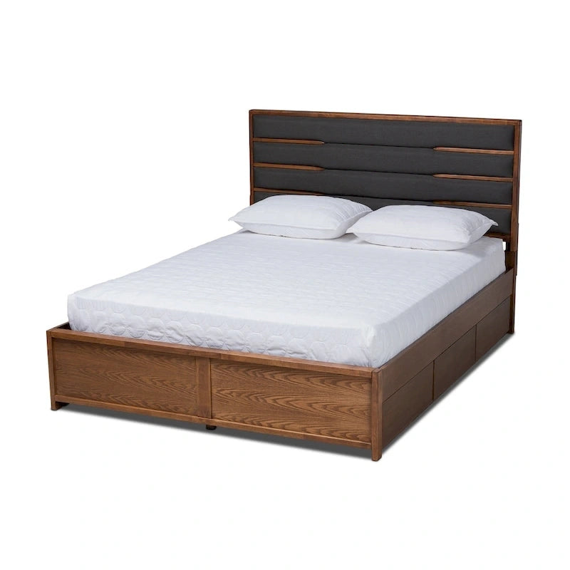 Letto a piattaforma moderno in legno imbottito con cassetti e contenitore