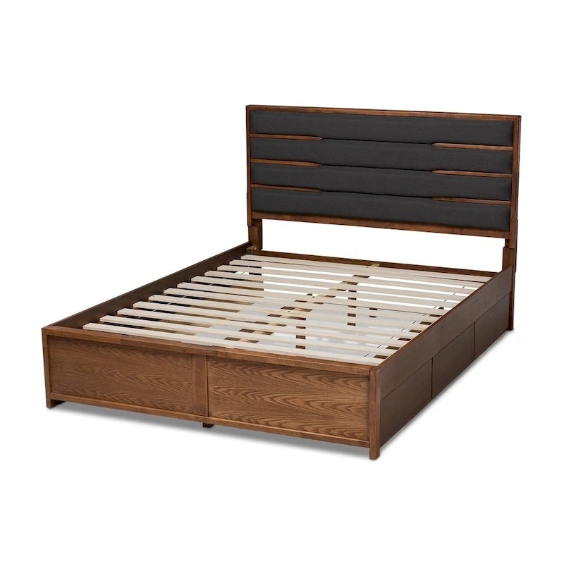 Letto a piattaforma moderno in legno imbottito con cassetti e contenitore