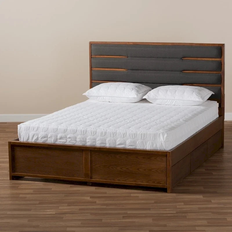 Letto a piattaforma moderno in legno imbottito con cassetti e contenitore