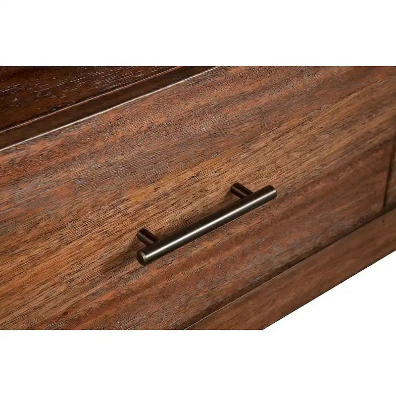Mobile TV in legno marrone con cassetti e ripiani aperti