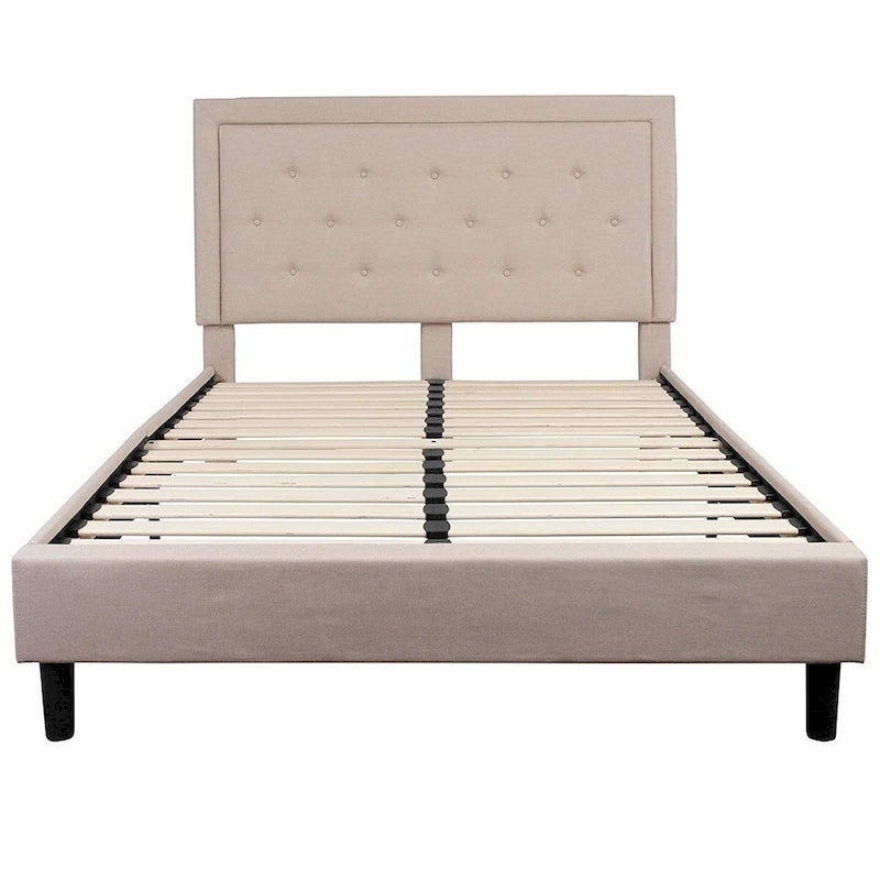 Struttura letto imbottita queen-size con testiera trapuntata a bottoni