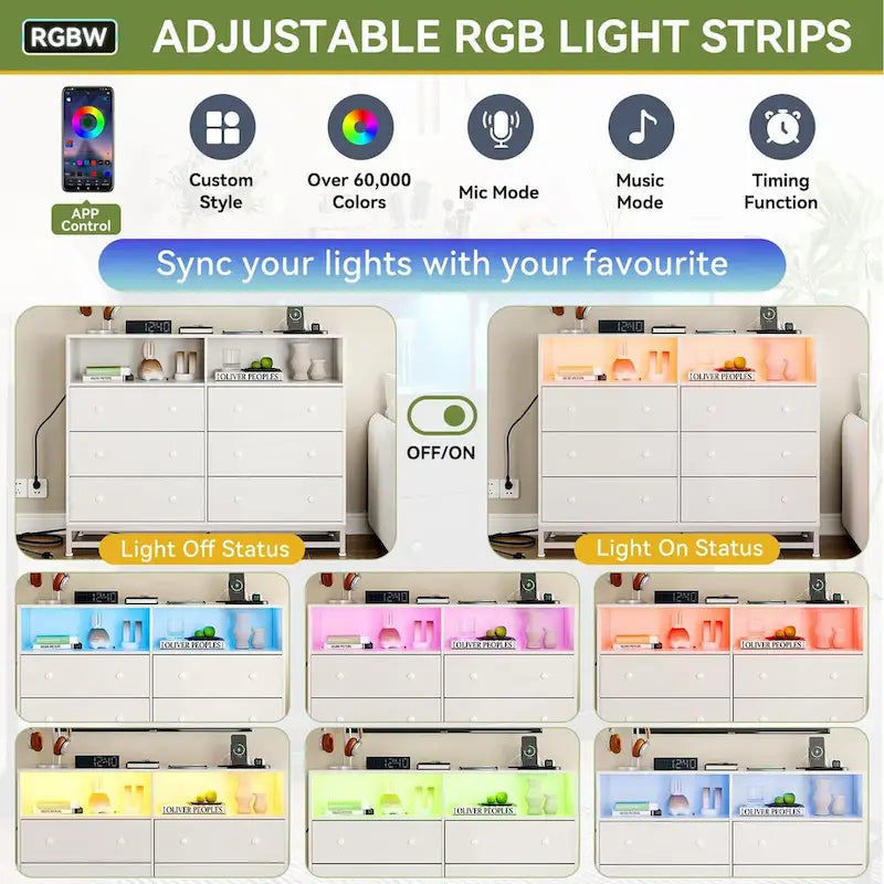 Comò a 6 cassetti con luci LED e stazione di ricarica