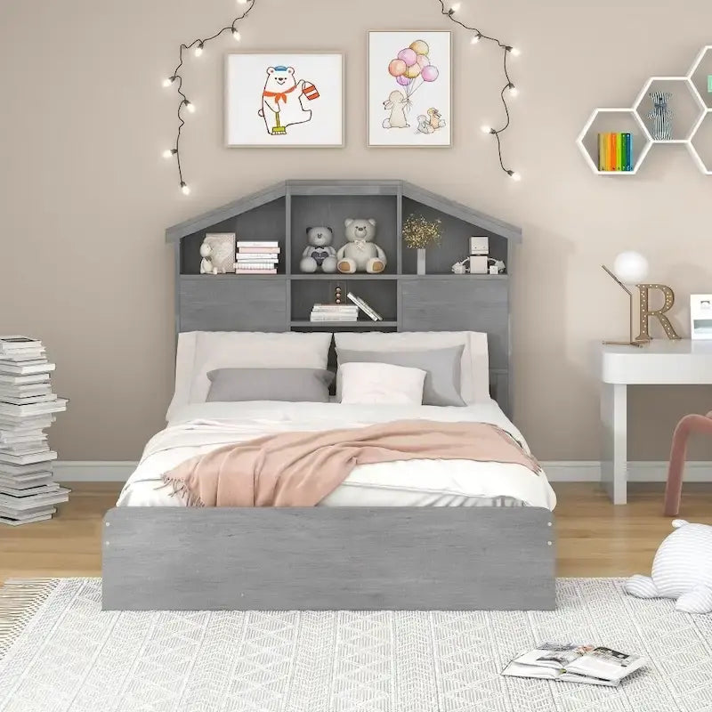 Full Size Wood Platform Bed with House-shaped Storage Headboard and 2 Drawers