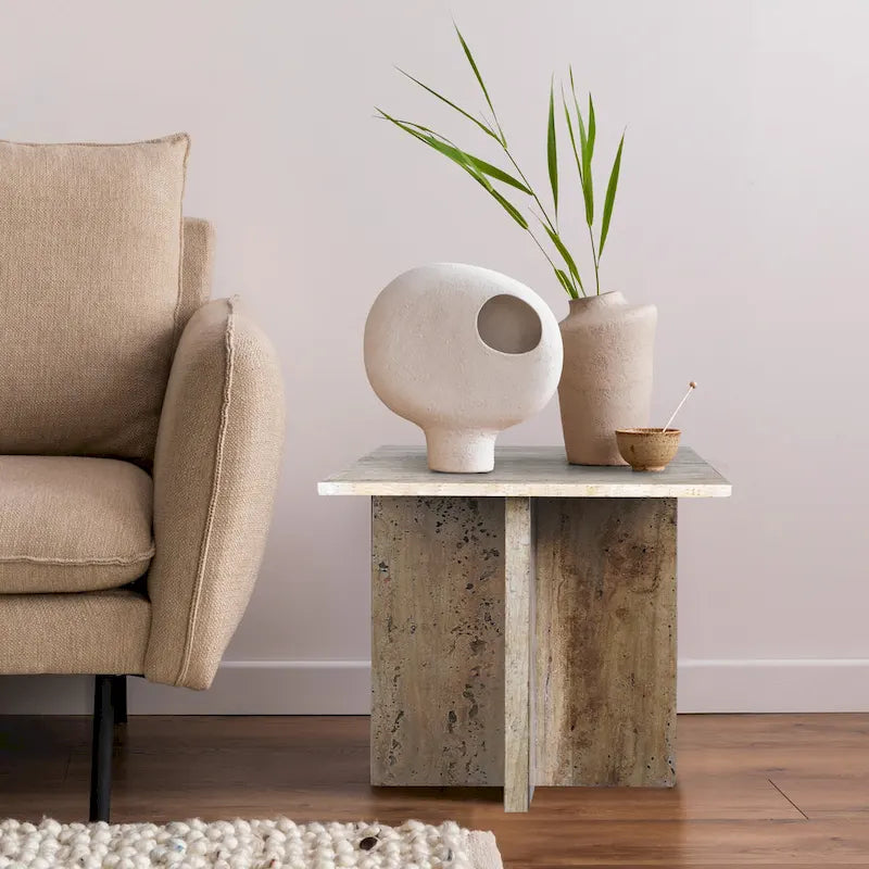 Tavolino con piano in marmo – Base a T, Pietra naturale, Altezza 47 cm