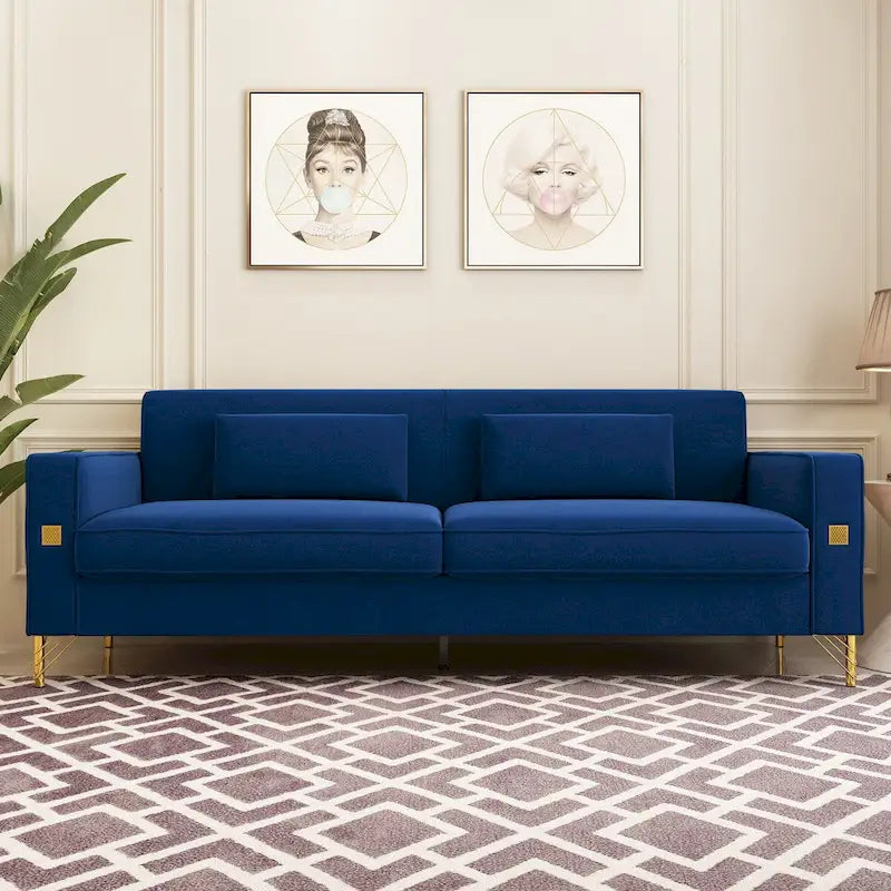 Divanetto in velluto trapuntato con cuscini lombari — 85,63"P x 30,31"L x 30,51"A