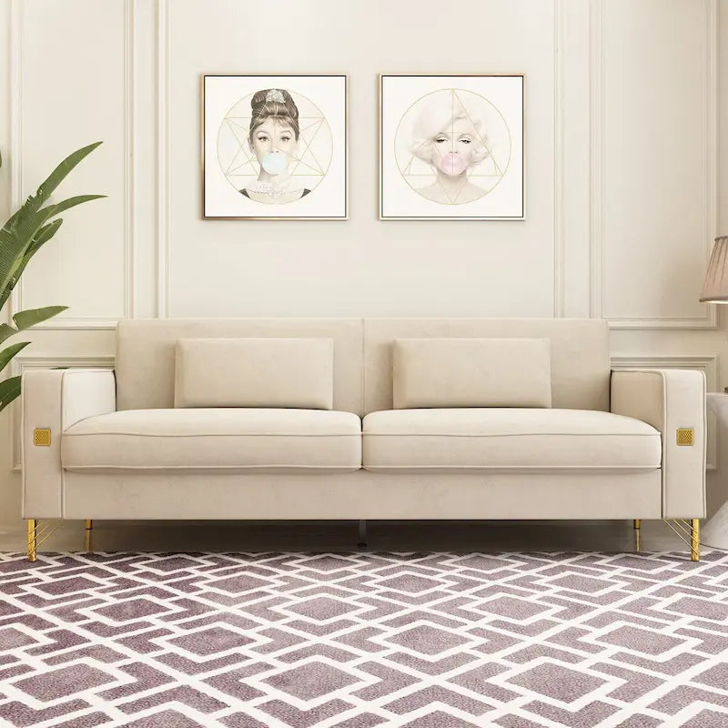 Divanetto in velluto trapuntato con cuscini lombari — 85,63"P x 30,31"L x 30,51"A