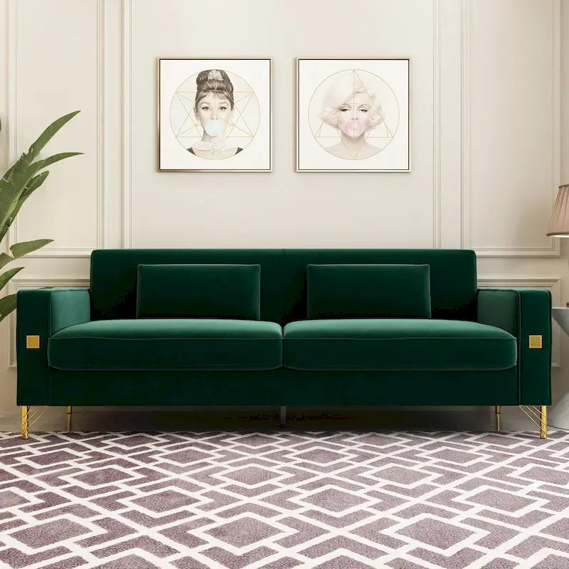 Divanetto in velluto trapuntato con cuscini lombari — 85,63"P x 30,31"L x 30,51"A