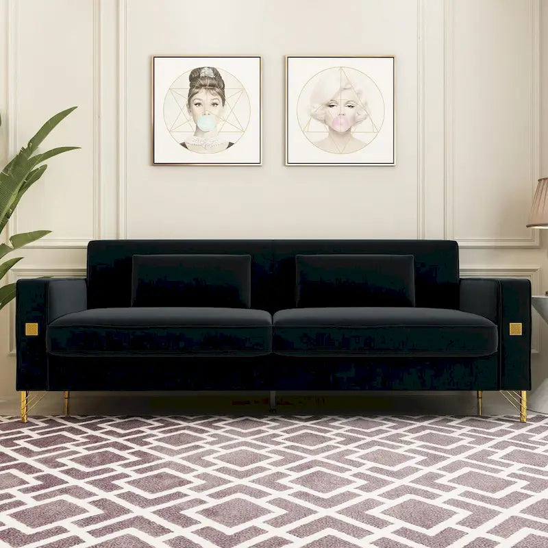 Divanetto in velluto trapuntato con cuscini lombari — 85,63"P x 30,31"L x 30,51"A