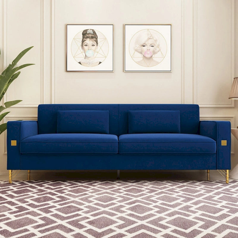 Divanetto in velluto trapuntato con cuscini lombari — 85,63"P x 30,31"L x 30,51"A