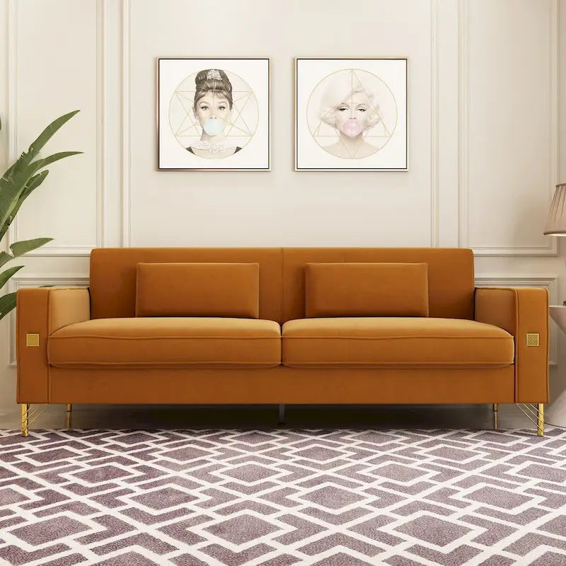 Divanetto in velluto trapuntato con cuscini lombari — 85,63"P x 30,31"L x 30,51"A
