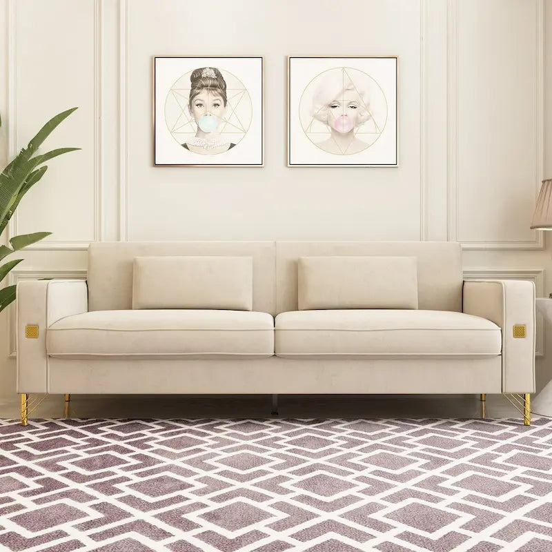 Divanetto in velluto trapuntato con cuscini lombari — 85,63"P x 30,31"L x 30,51"A