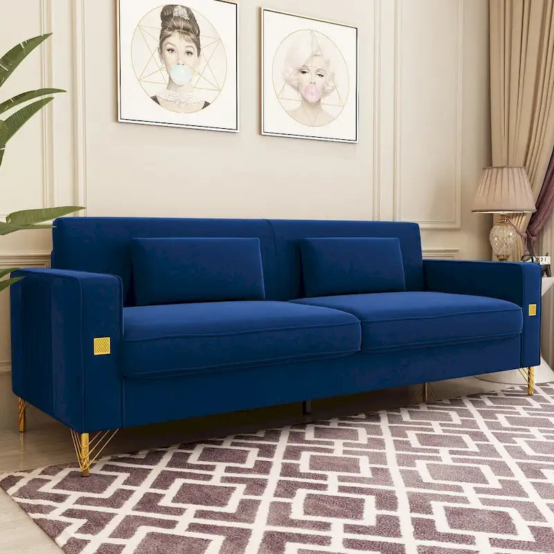 Divanetto in velluto trapuntato con cuscini lombari — 85,63"P x 30,31"L x 30,51"A