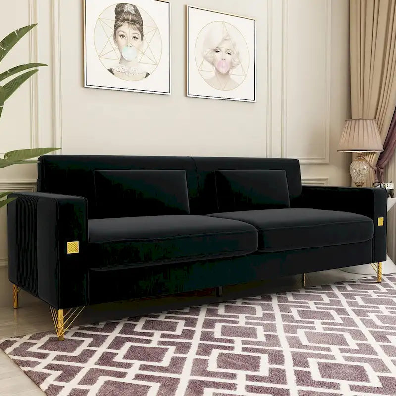Divanetto in velluto trapuntato con cuscini lombari — 85,63"P x 30,31"L x 30,51"A
