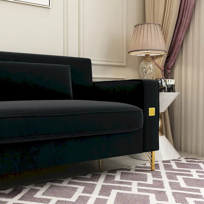 Divanetto in velluto trapuntato con cuscini lombari — 85,63"P x 30,31"L x 30,51"A