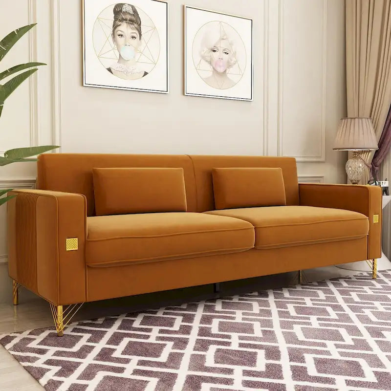 Divanetto in velluto trapuntato con cuscini lombari — 85,63"P x 30,31"L x 30,51"A