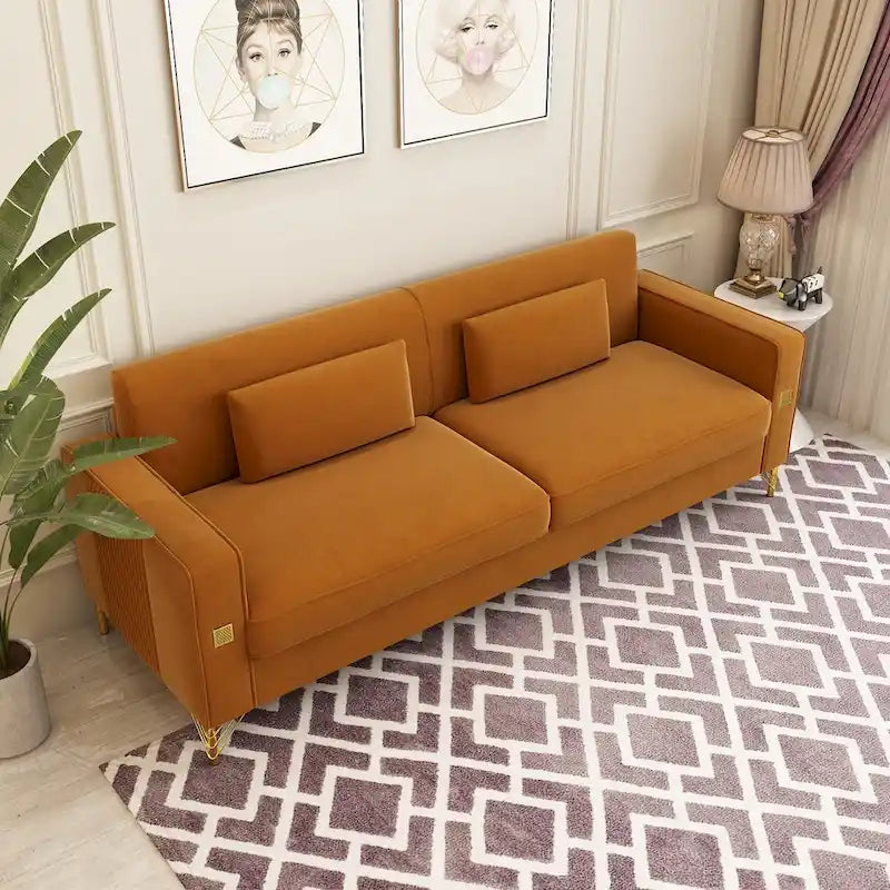 Divanetto in velluto trapuntato con cuscini lombari — 85,63"P x 30,31"L x 30,51"A