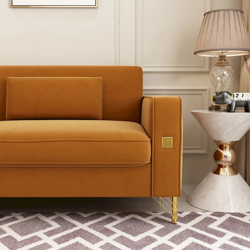 Divanetto in velluto trapuntato con cuscini lombari — 85,63"P x 30,31"L x 30,51"A