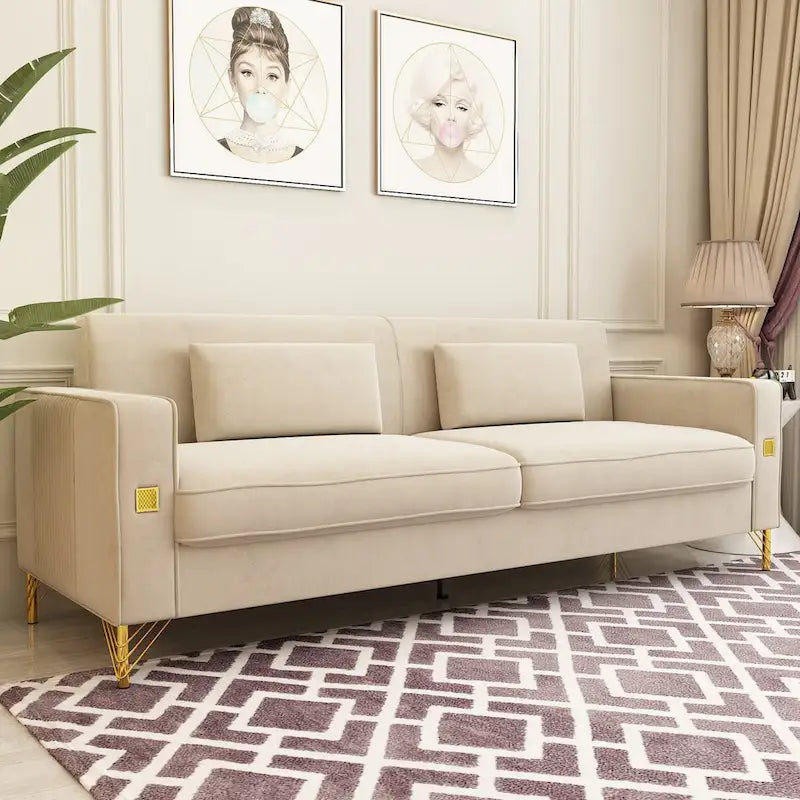 Divanetto in velluto trapuntato con cuscini lombari — 85,63"P x 30,31"L x 30,51"A