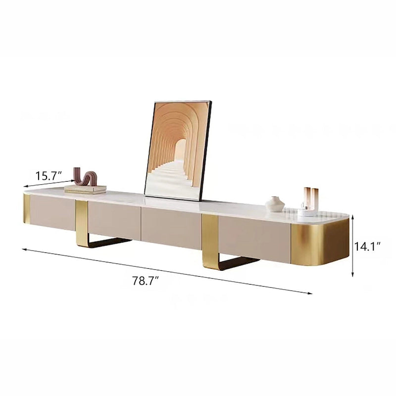 Mobile TV moderno da 200 cm con ripiano in pietra sinterizzata, gambe dorate e 4 cassetti – Bianco