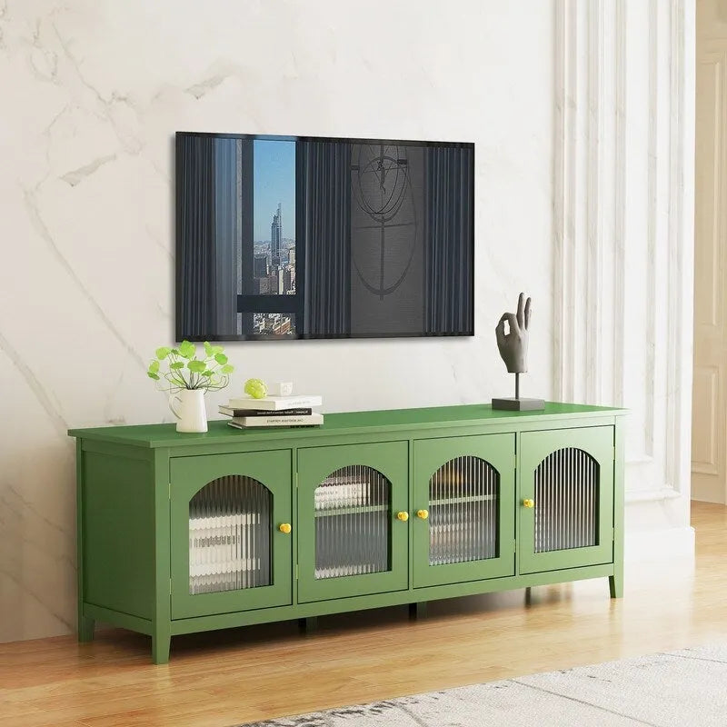 Mobile porta TV verde anticato con ante in vetro e ripiani