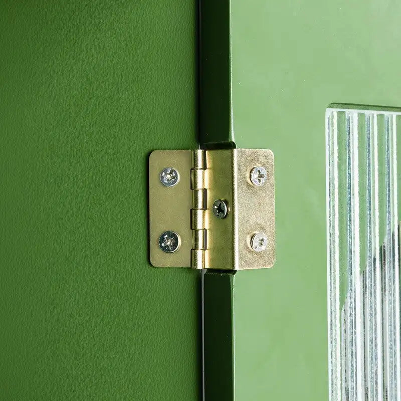 Mobile porta TV verde anticato con ante in vetro e ripiani